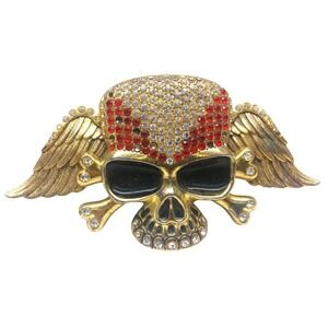 RED CRYSTAL LARGE SKULL GOLD TONE WOMAN BLING BUCKLE / FITS 1.5" BELT